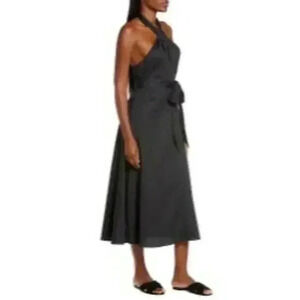 Staud Kai Black Halter Neck Midi Dress With Tie Waist & Open Back Sz L MSRP $325